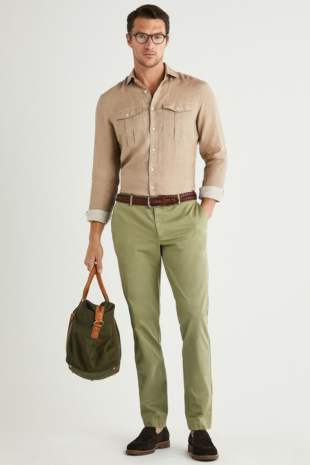 Men's brown and green outfit combination