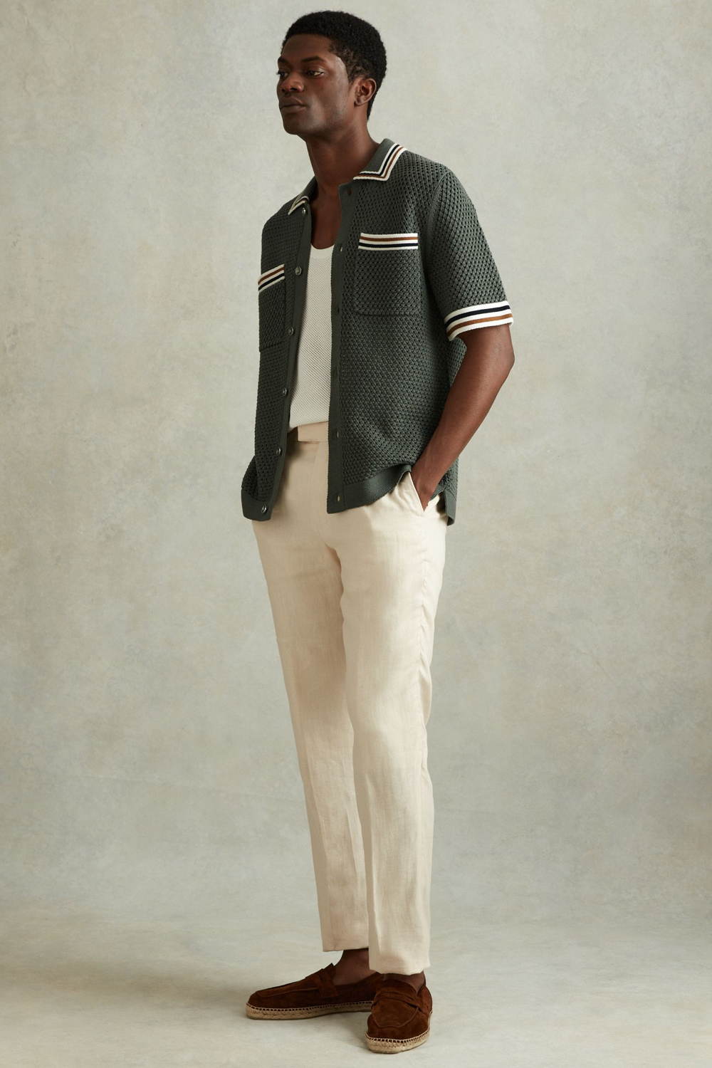 Men's olive green and white outfit combination