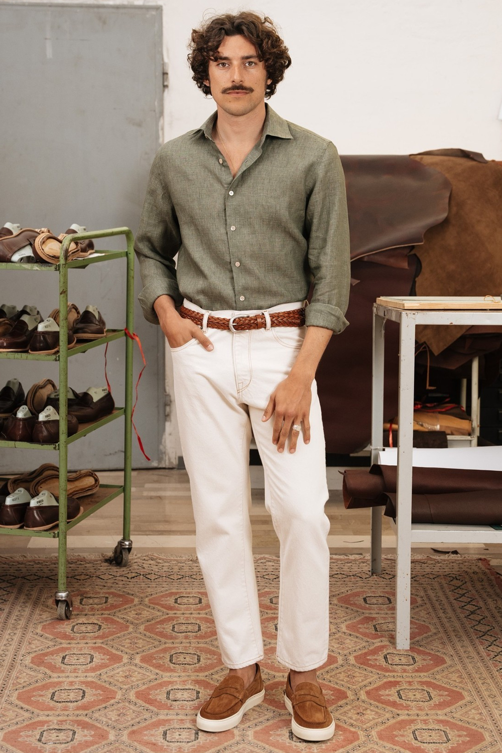 Men's olive green and white outfit combination