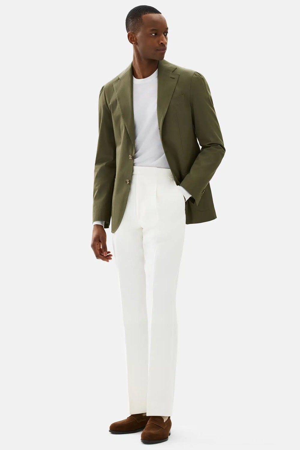 Men's olive green and white outfit combination