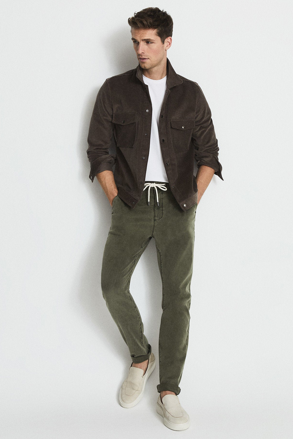Men's brown and green outfit combination