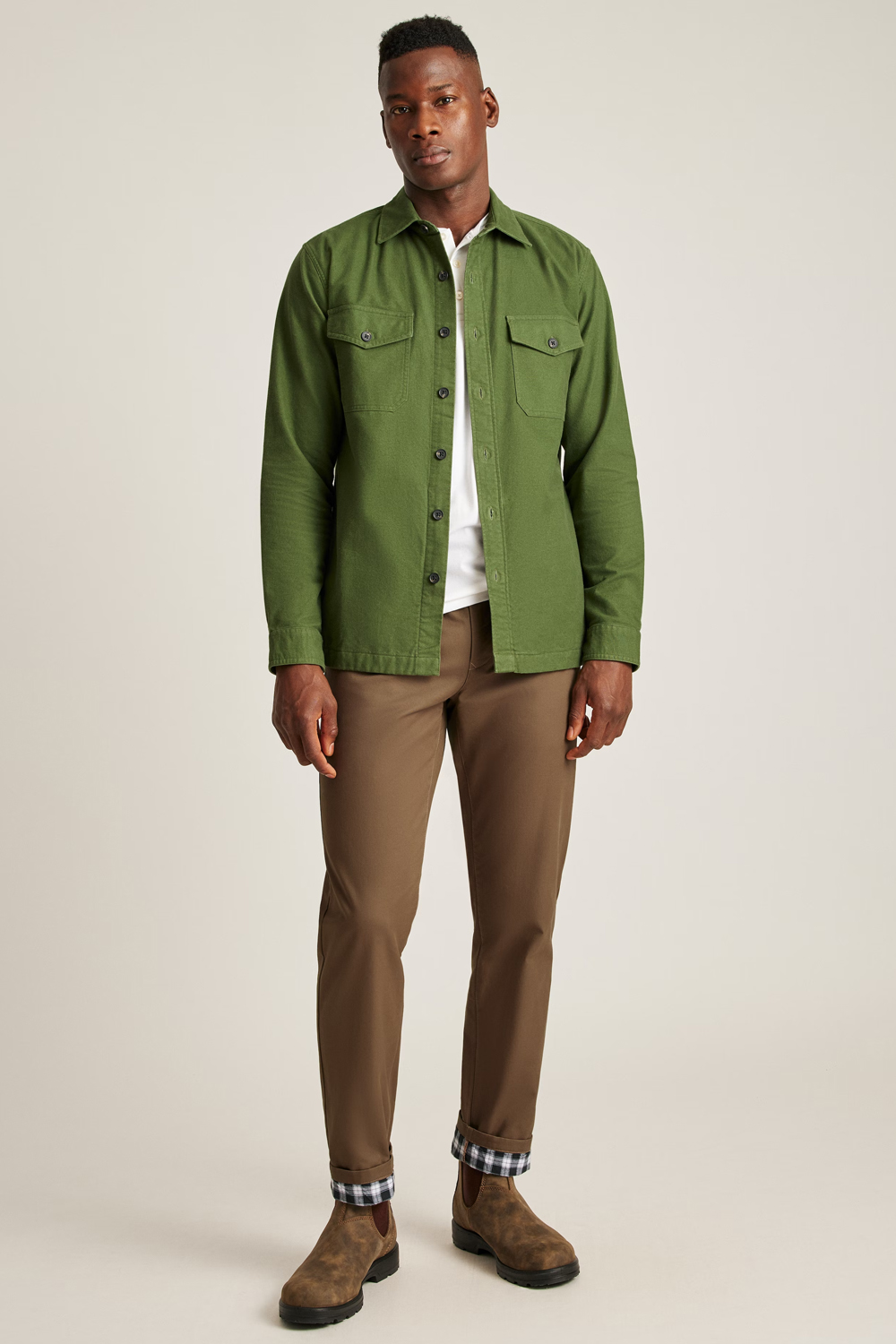 Men's brown and green outfit combination